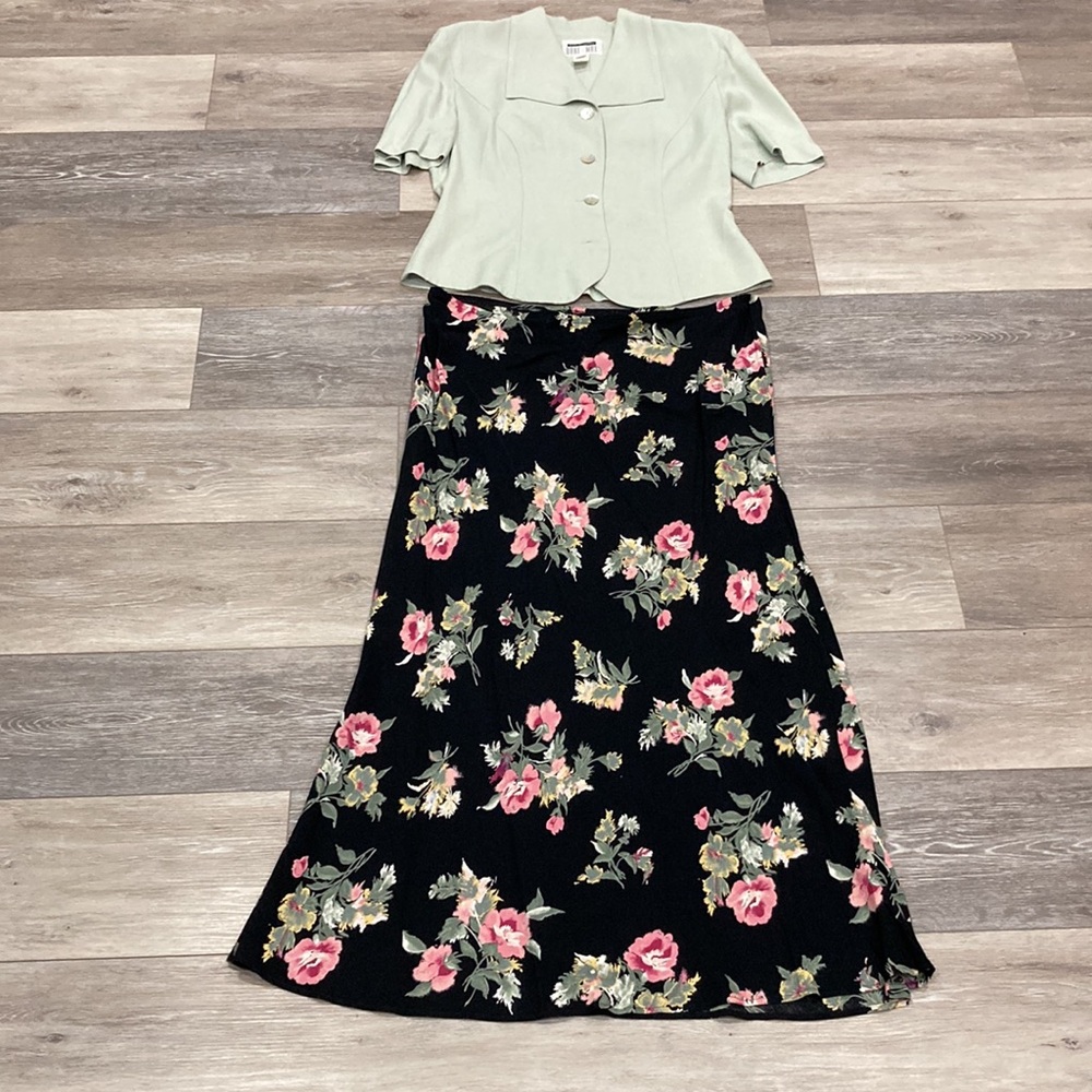 Floral Black Maxi Skirt Set with Mint Top